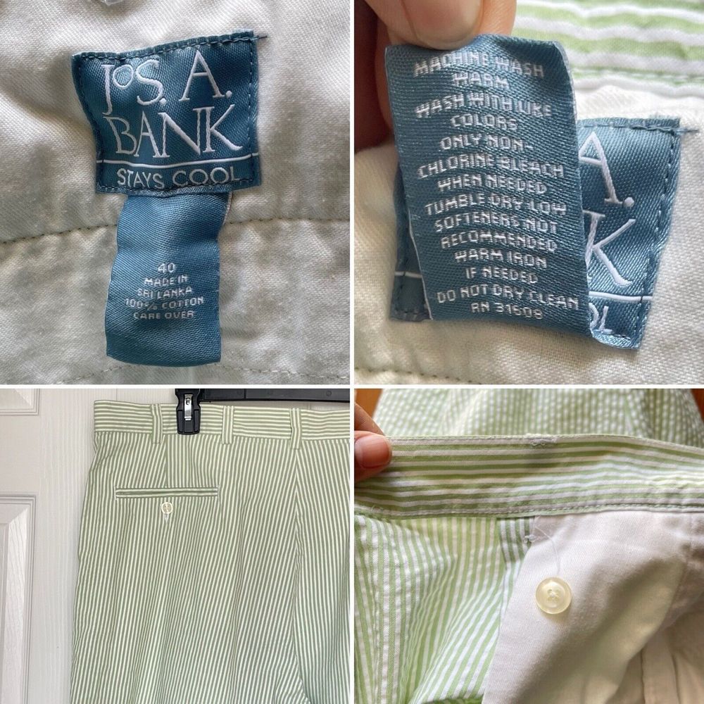 JoS A Bank Stay Cool Seersucker Shorts Green White Stripe Mens 40 - Picture 7 of 16